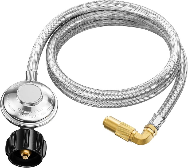 Rushare Store 6 Feet Propane Regulator and Hose for Blackstone 17 & 22 Inch Tabletop Griddle, Connect to 5-20 LB Propane Tank, Stainless Steel - Image 1